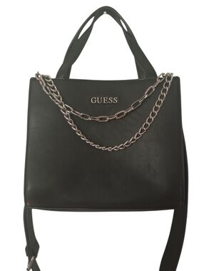 Guess Black with Silver Chain Detail Satchel with LogoCrossbody Strap